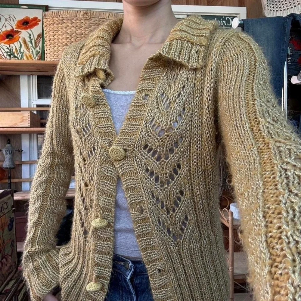 BCBGIRLS Gold Metallic Knit Cardigan Sweater Mustard Yellow Pointelle Button Up - Picture 2 of 8